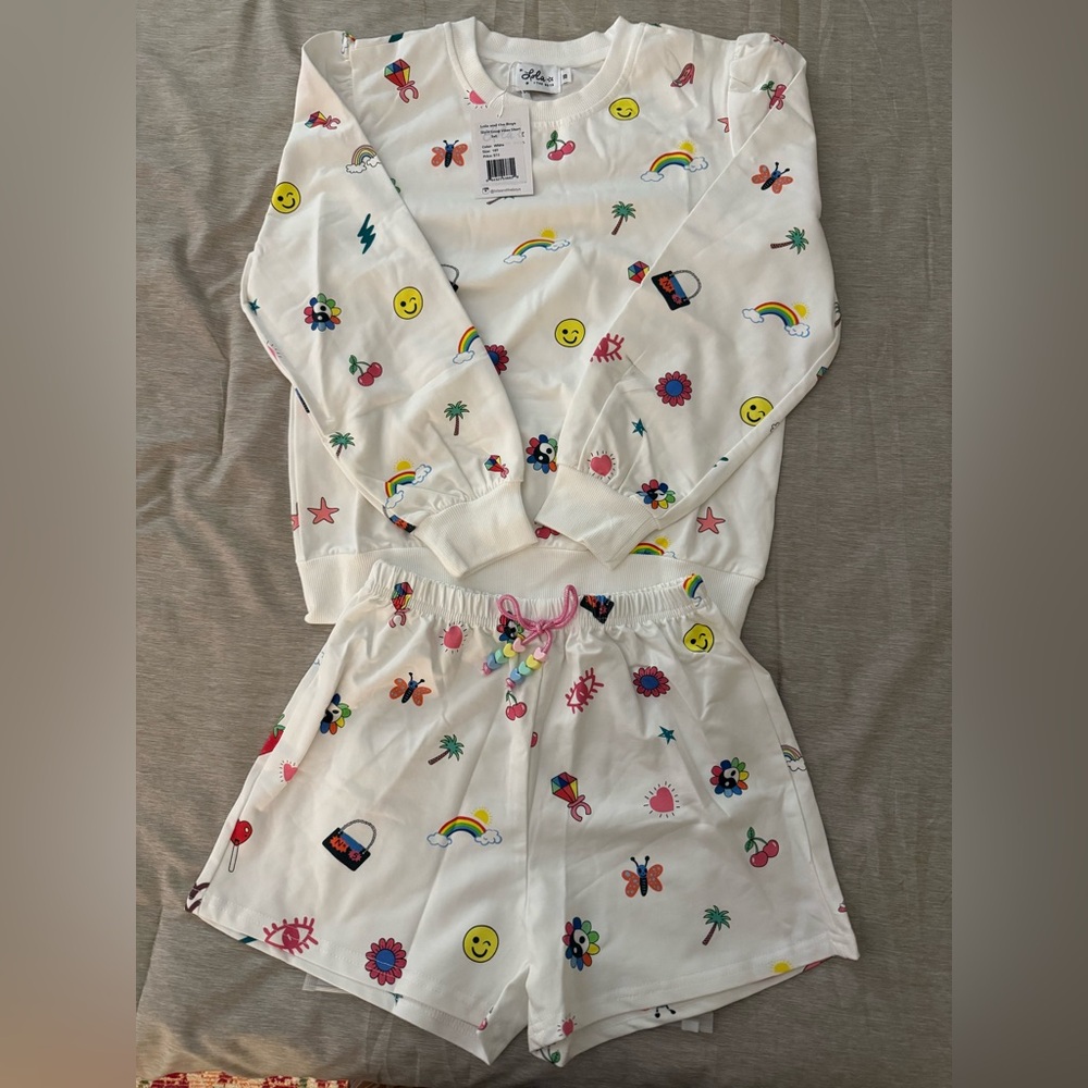 Lola + The Boys White Kids Matching Set with Multicolor Emoji & Rainbow Prints